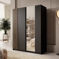 Meubella Kledingkast Boets - Zwart - Eiken - 150x64x199 Cm - Met Spiegel