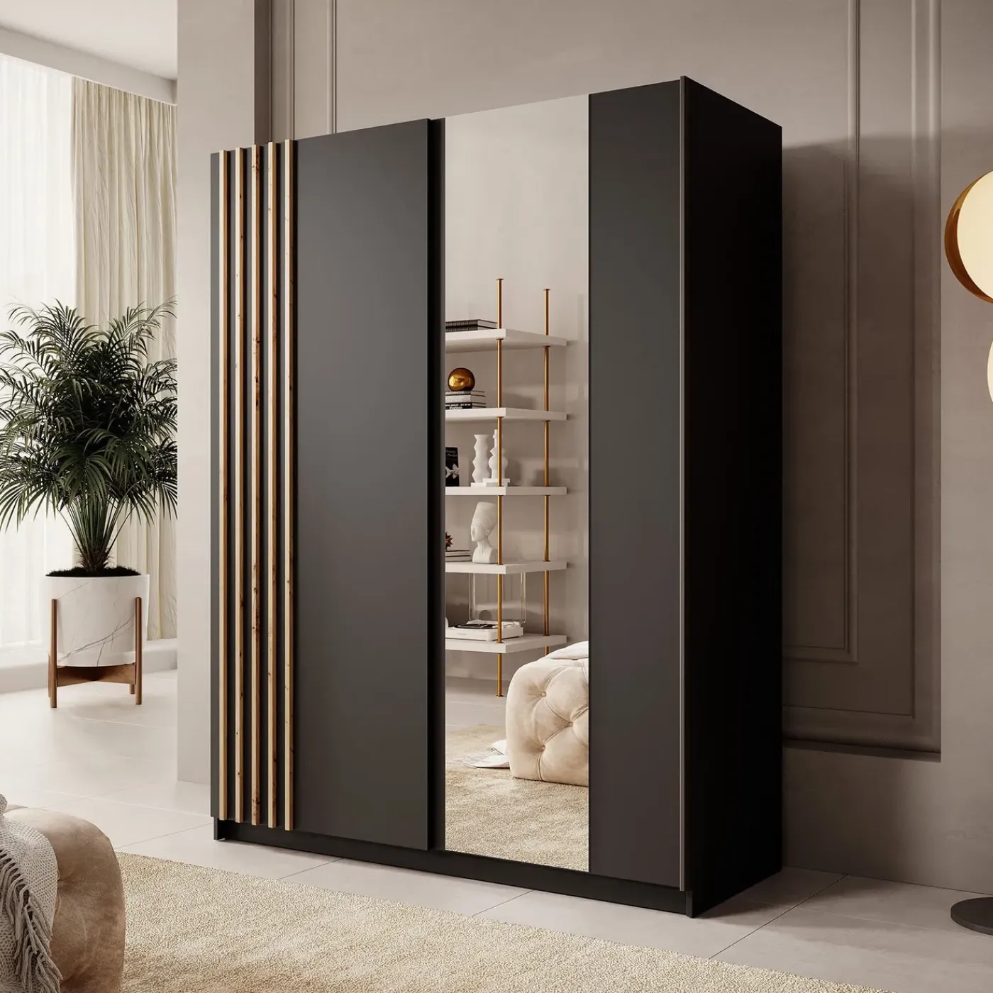Meubella Kledingkast Boets - Zwart - Eiken - 150x64x199 Cm - Met Spiegel