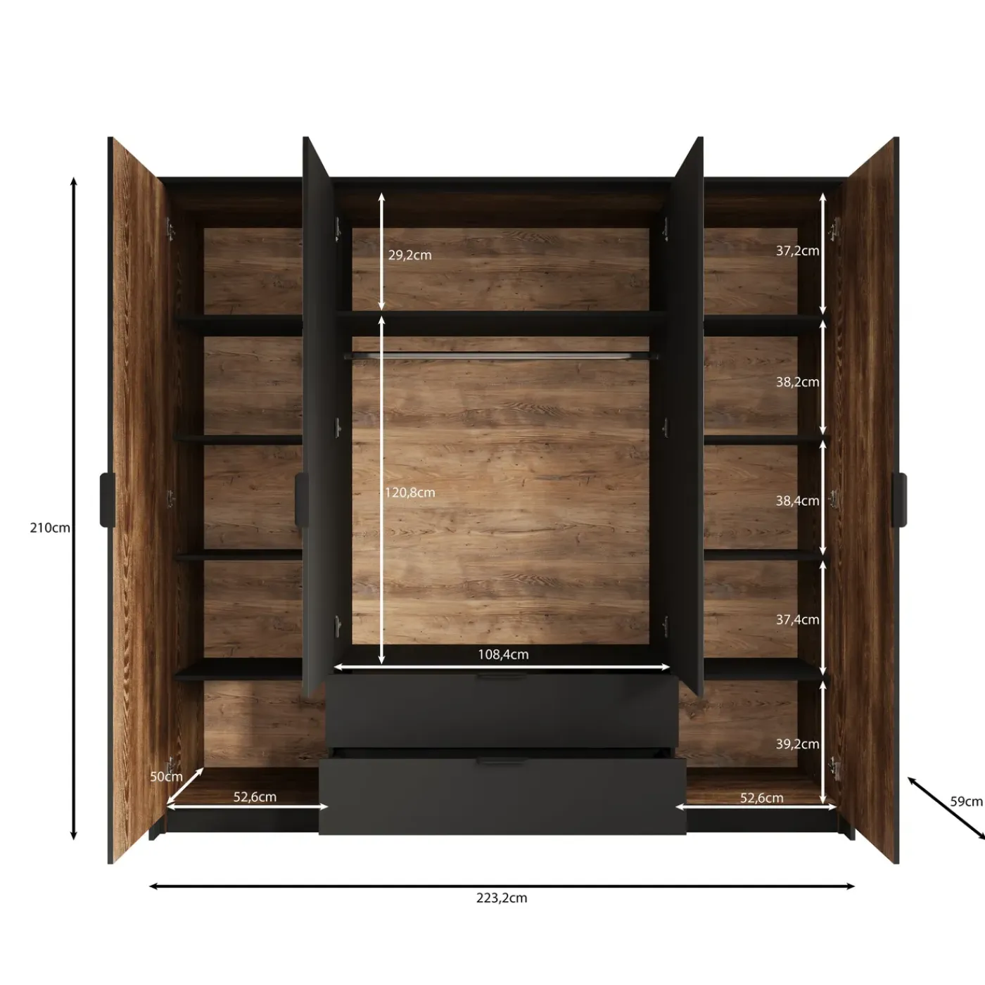 Meubella Kledingkast Mulvey - Eiken - Antraciet - 223x59x210 Cm - Met Spiegel