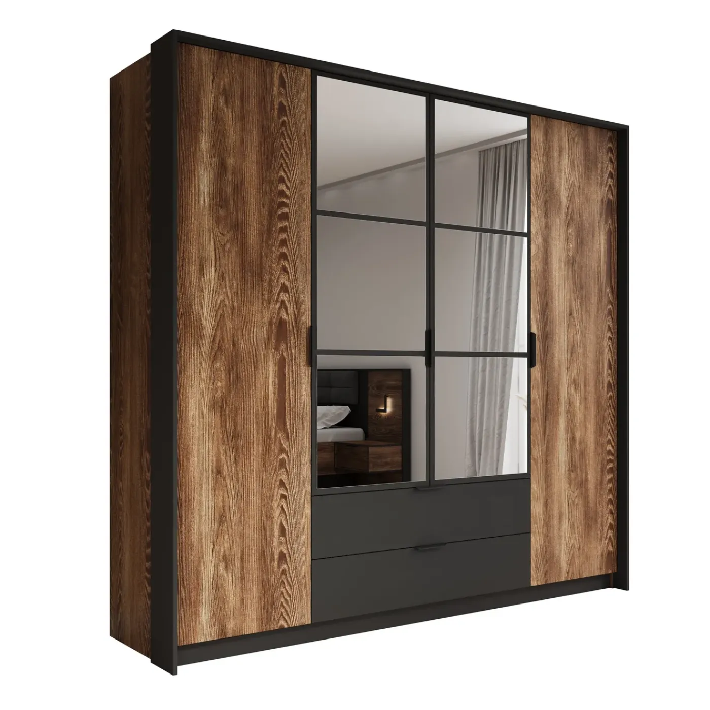 Meubella Kledingkast Mulvey - Eiken - Antraciet - 223x59x210 Cm - Met Spiegel