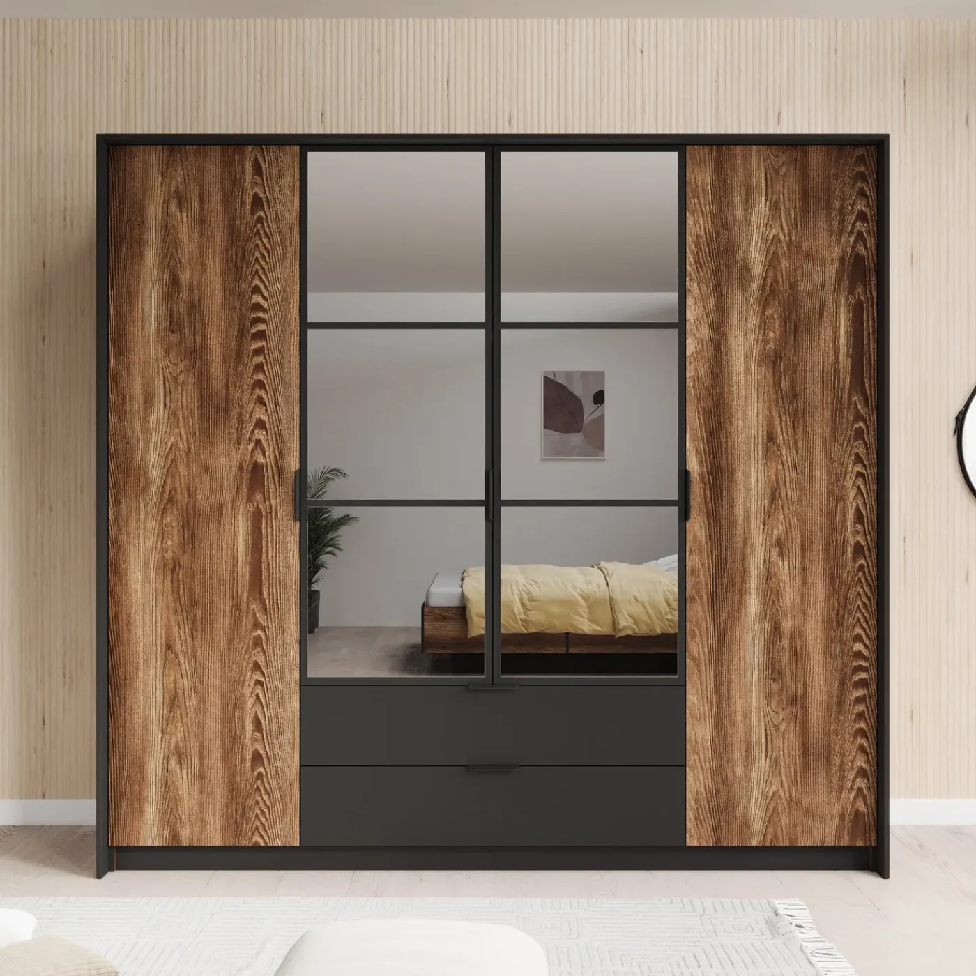 Meubella Kledingkast Mulvey - Eiken - Antraciet - 223x59x210 Cm - Met Spiegel