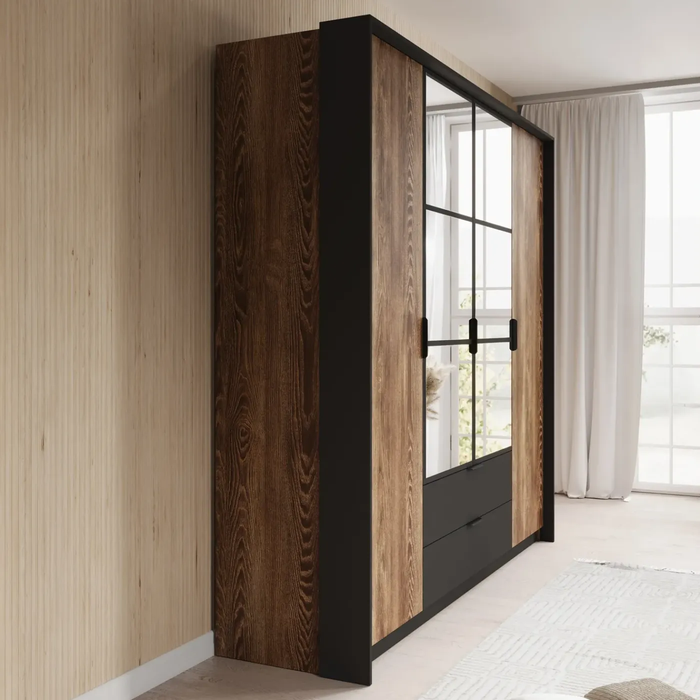 Meubella Kledingkast Mulvey - Eiken - Antraciet - 223x59x210 Cm - Met Spiegel