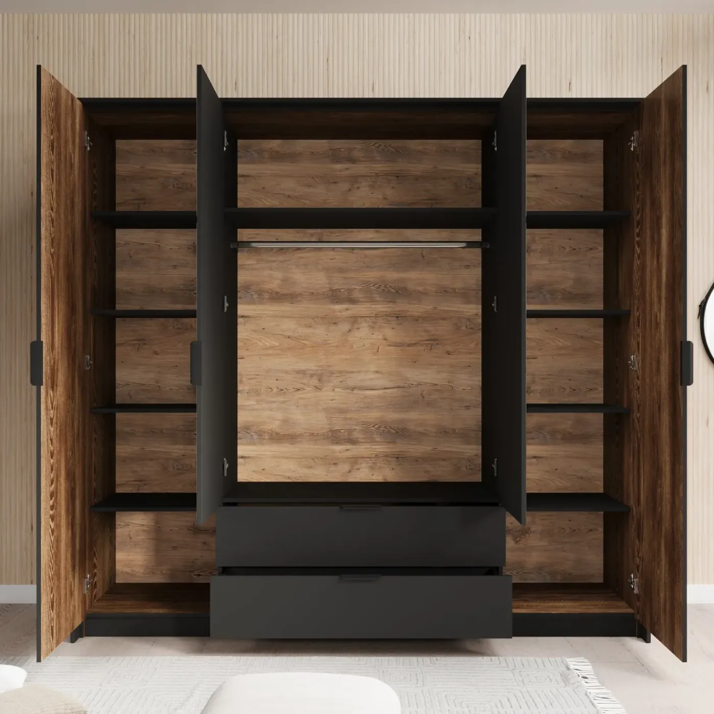 Meubella Kledingkast Mulvey - Eiken - Antraciet - 223x59x210 Cm - Met Spiegel