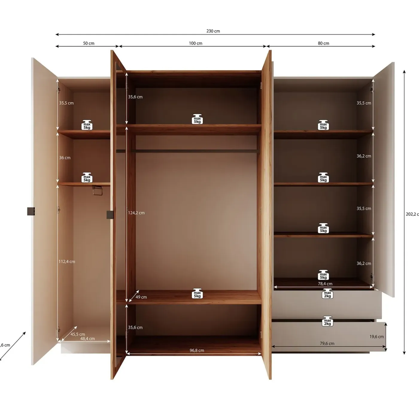 Meubella Kledingkast Three - Wit - Eiken - 230x52x202 Cm