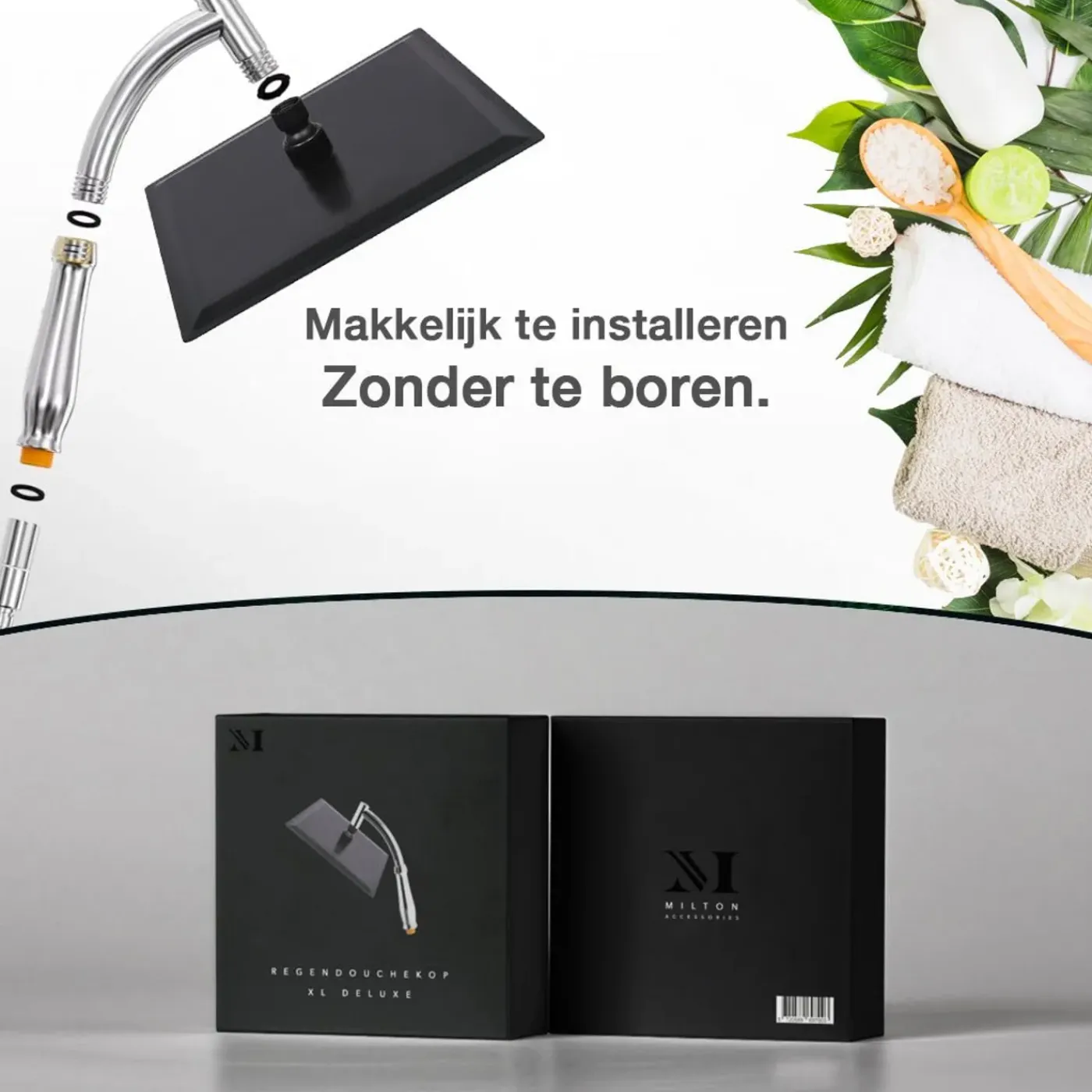 Milton Accessories Milton Regendouchekop Xl Deluxe - 28 Cm - Zwart - Douchekop Met Slang En Houder