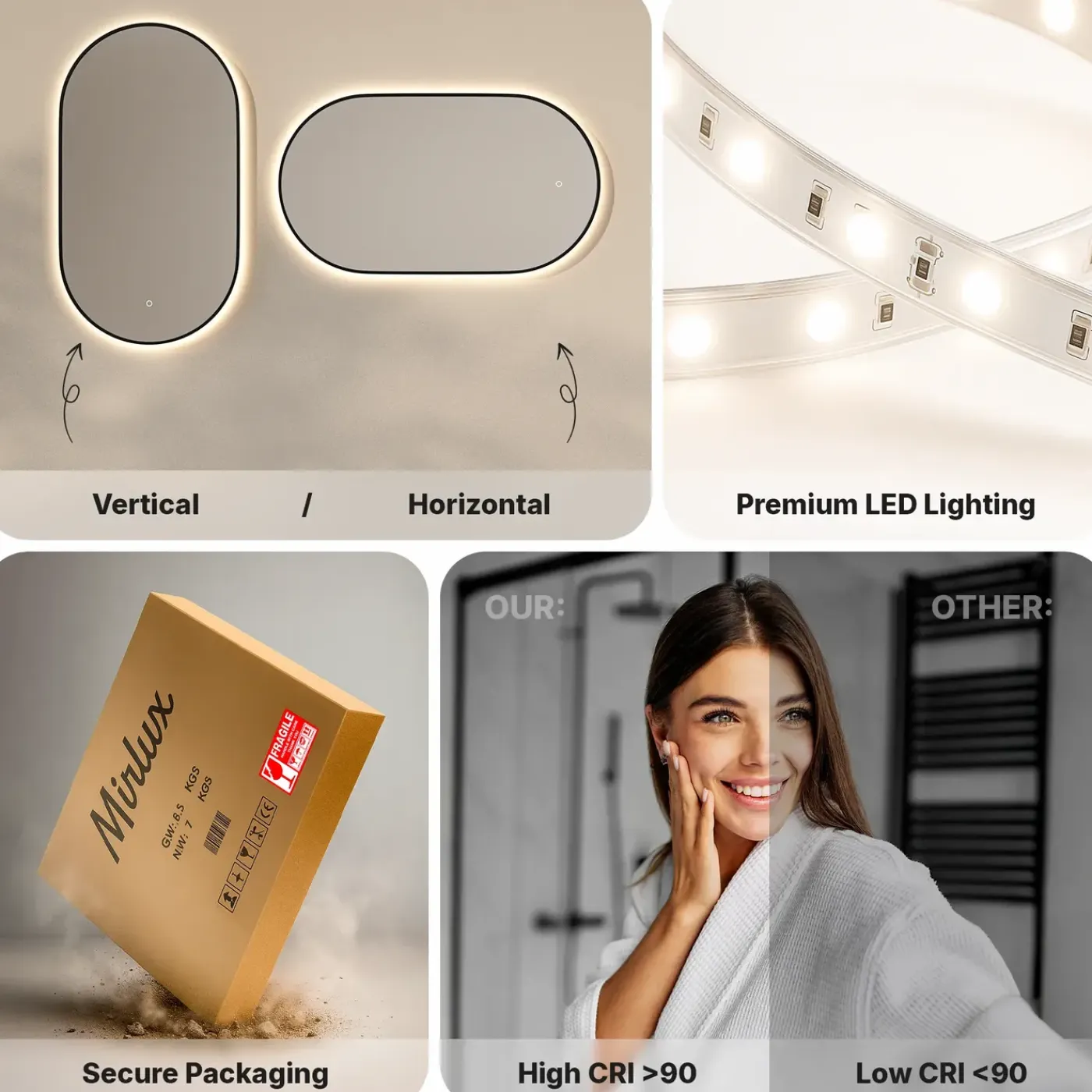 Mirlux Ovale Badkamerspiegel - 90x60cm - Zwart Frame - Anti-condens - 3 Dimbare Lichtstanden