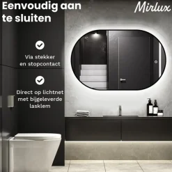 Mirlux Ovale Badkamerspiegel - 90x60cm - Zwart Frame - Anti-condens - 3 Dimbare Lichtstanden