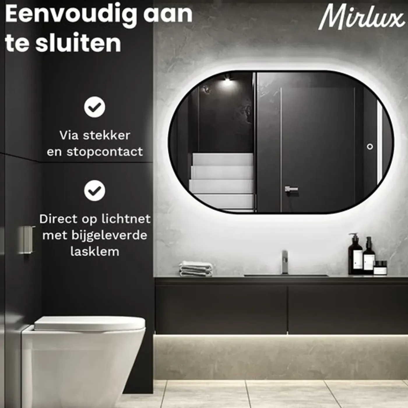 Mirlux Ovale Badkamerspiegel - 90x60cm - Zwart Frame - Anti-condens - 3 Dimbare Lichtstanden