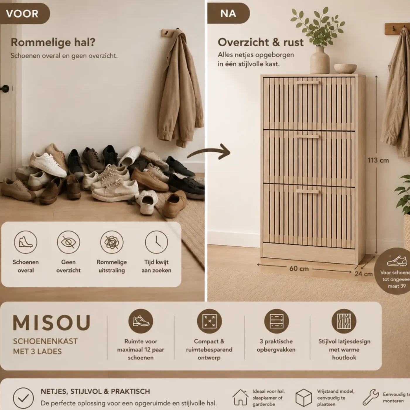 MISOU Schoenenkast Met Deuren En Lades 113x60cm Schoenenrek Hal Kast Opbergsysteem Bruin 12 Paar...