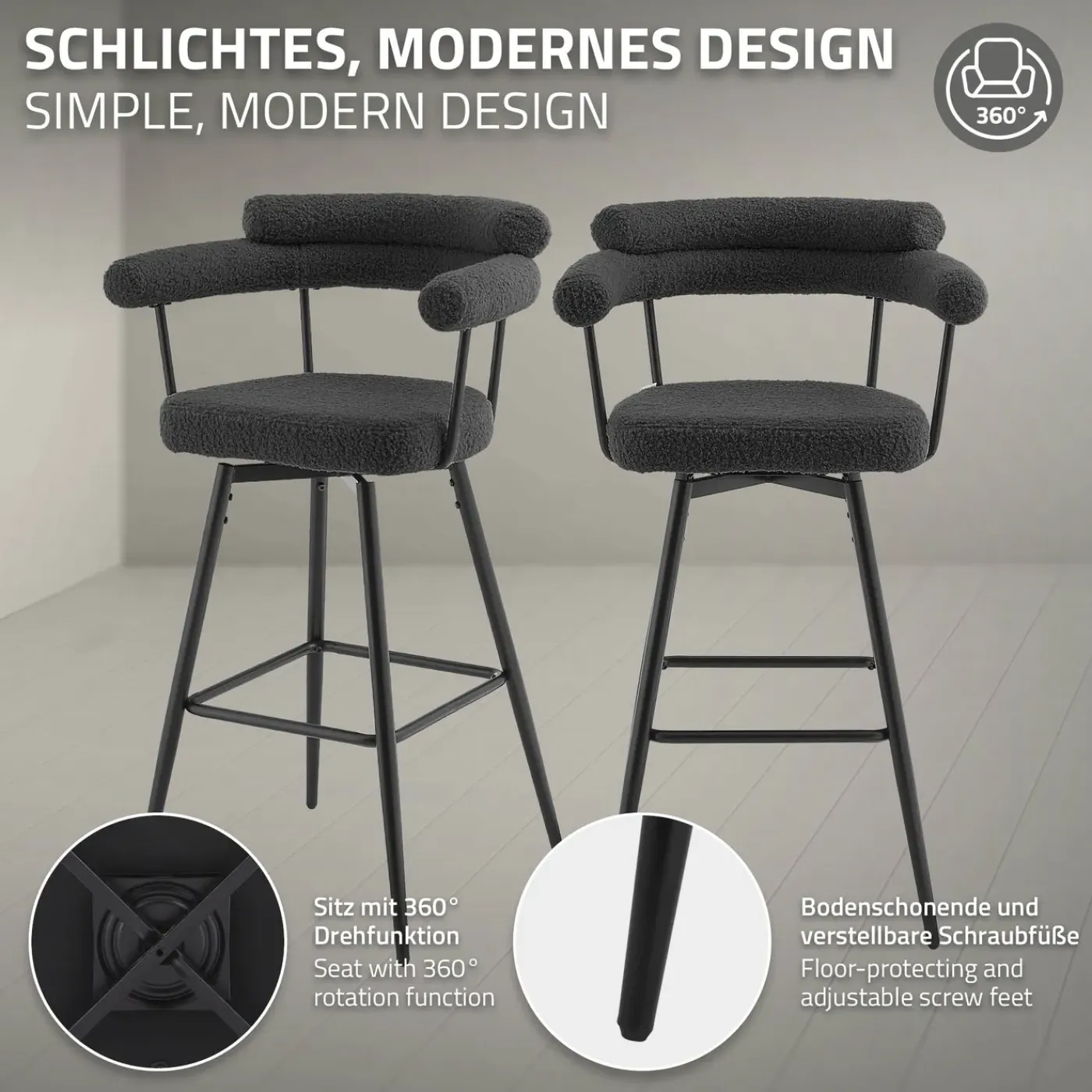 ML-Design Barkrukken Set 2 Draaibaar 76 Cm Donkergrijs Teddy Stof Armleuning Voetsteun