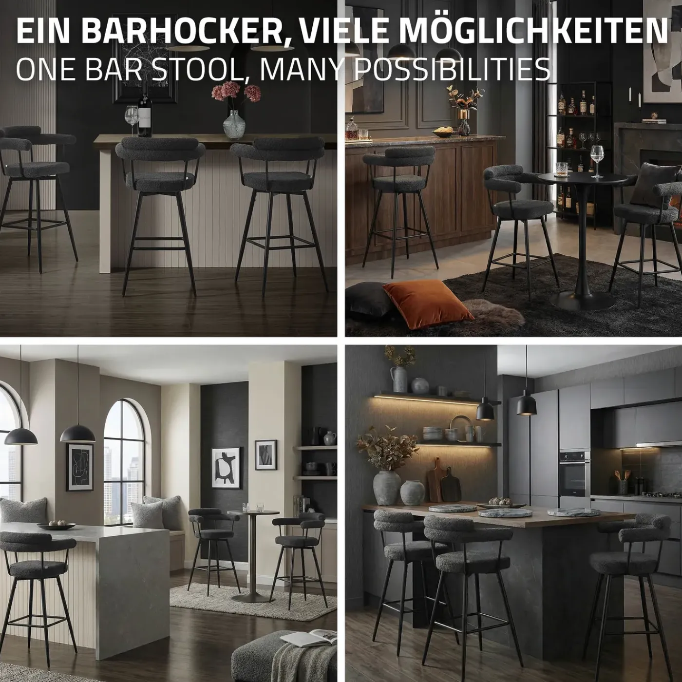ML-Design Barkrukken Set 2 Draaibaar 76 Cm Donkergrijs Teddy Stof Armleuning Voetsteun