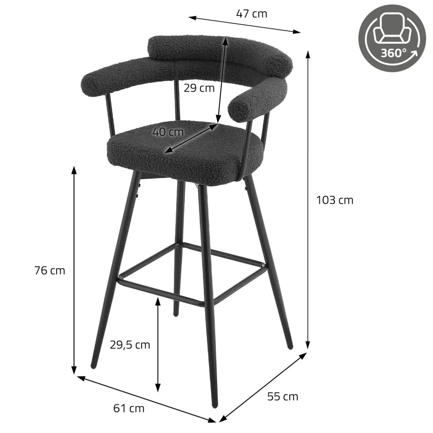 ML-Design Barkrukken Set 2 Draaibaar 76 Cm Donkergrijs Teddy Stof Armleuning Voetsteun