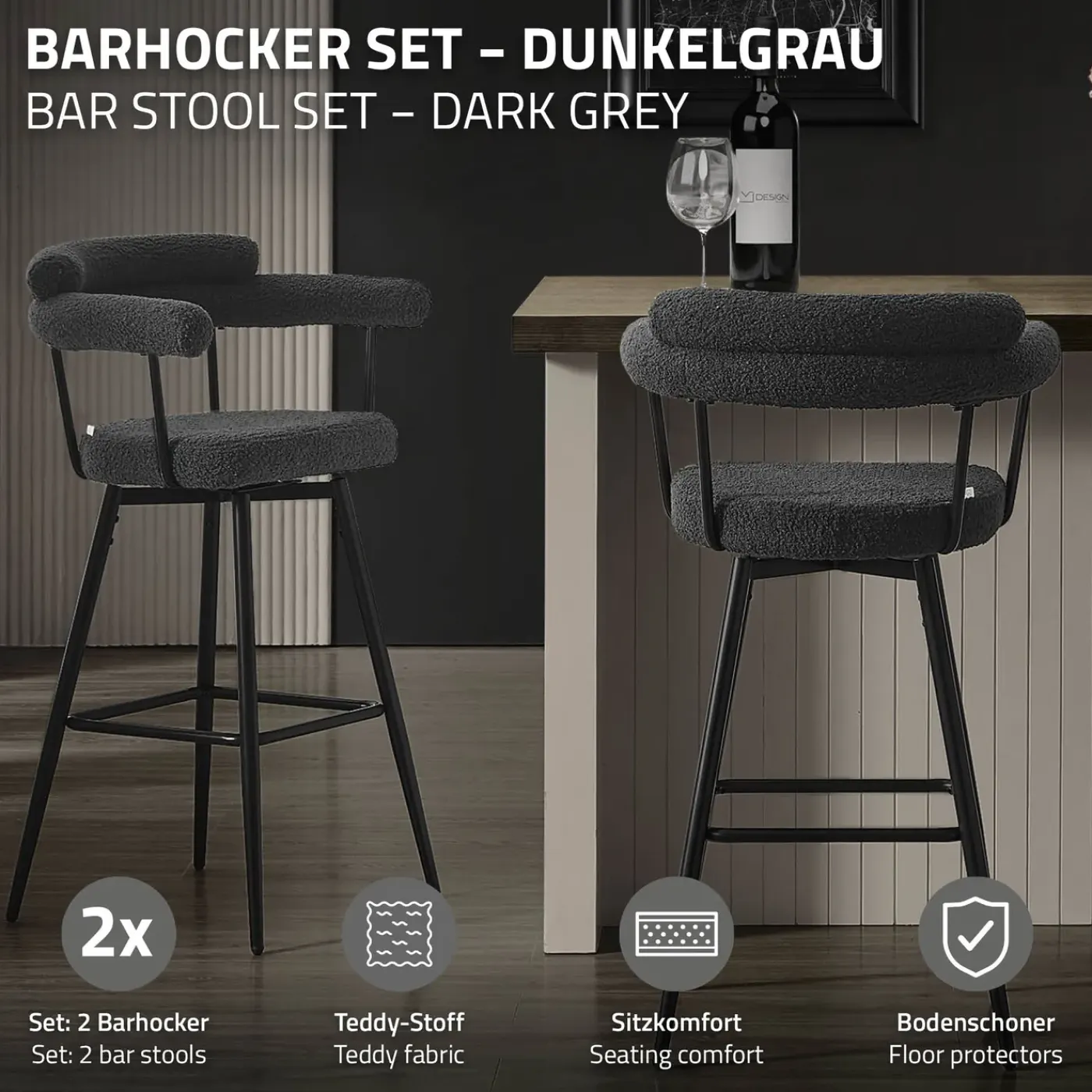 ML-Design Barkrukken Set 2 Draaibaar 76 Cm Donkergrijs Teddy Stof Armleuning Voetsteun