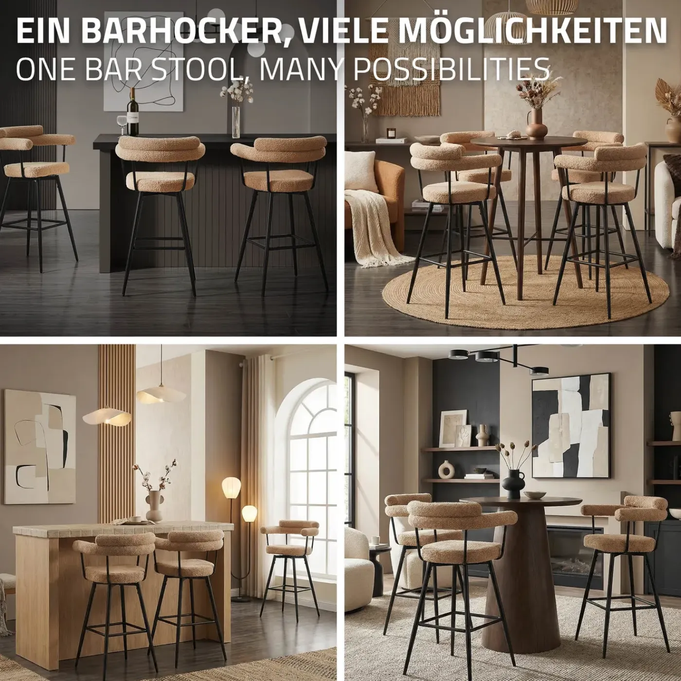 ML-Design Barkrukken Set 2 Draaibaar 76 Cm Bruin Teddy Stof Armleuning Voetsteun