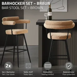 ML-Design Barkrukken Set 2 Draaibaar 76 Cm Bruin Teddy Stof Armleuning Voetsteun