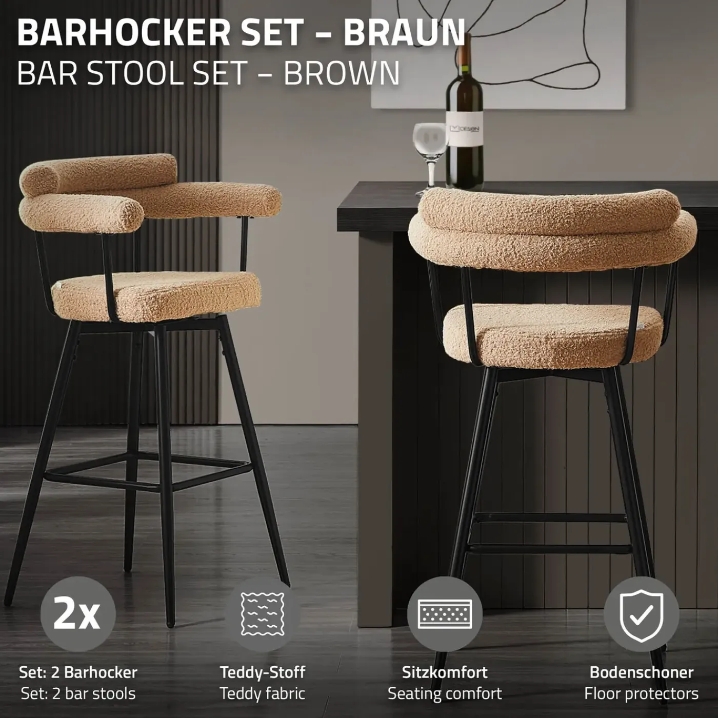 ML-Design Barkrukken Set 2 Draaibaar 76 Cm Bruin Teddy Stof Armleuning Voetsteun