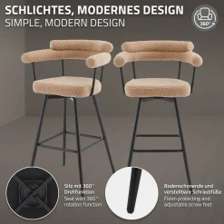 ML-Design Barkrukken Set 2 Draaibaar 76 Cm Bruin Teddy Stof Armleuning Voetsteun