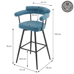 ML-Design Barkrukken Set 2 Draaibaar 76 Cm Blauw Teddy Stof Armleuning Voetsteun