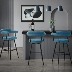 ML-Design Barkrukken Set 2 Draaibaar 76 Cm Blauw Teddy Stof Armleuning Voetsteun