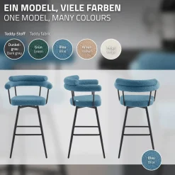 ML-Design Barkrukken Set 2 Draaibaar 76 Cm Blauw Teddy Stof Armleuning Voetsteun