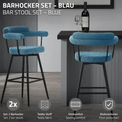 ML-Design Barkrukken Set 2 Draaibaar 76 Cm Blauw Teddy Stof Armleuning Voetsteun