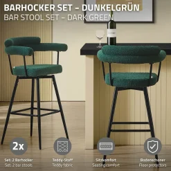 ML-Design Barkrukken Set 2 Draaibaar 76 Cm Donkergroen Teddy Stof Armleuning Voetsteun
