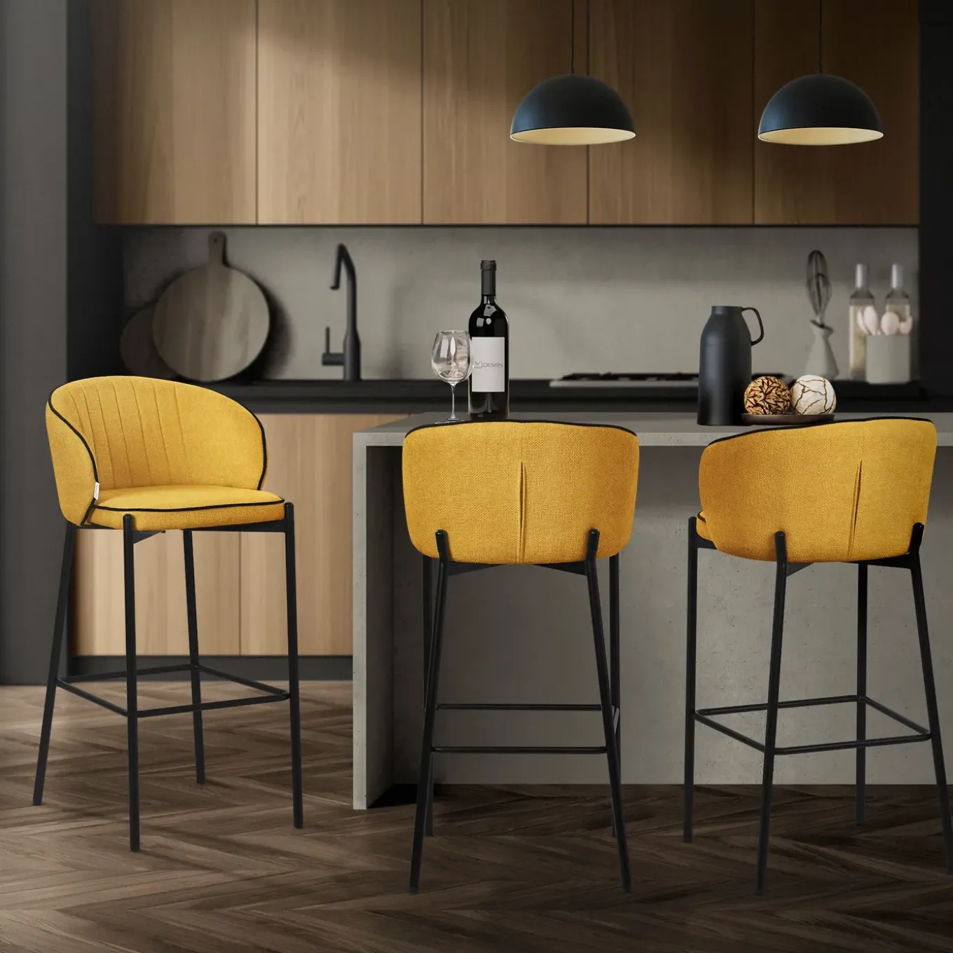 Ml-design Barkrukken Set Van 2 Mosterd 76 Cm Stoffen Barstoelen Met Rugleuning Voor Bar
