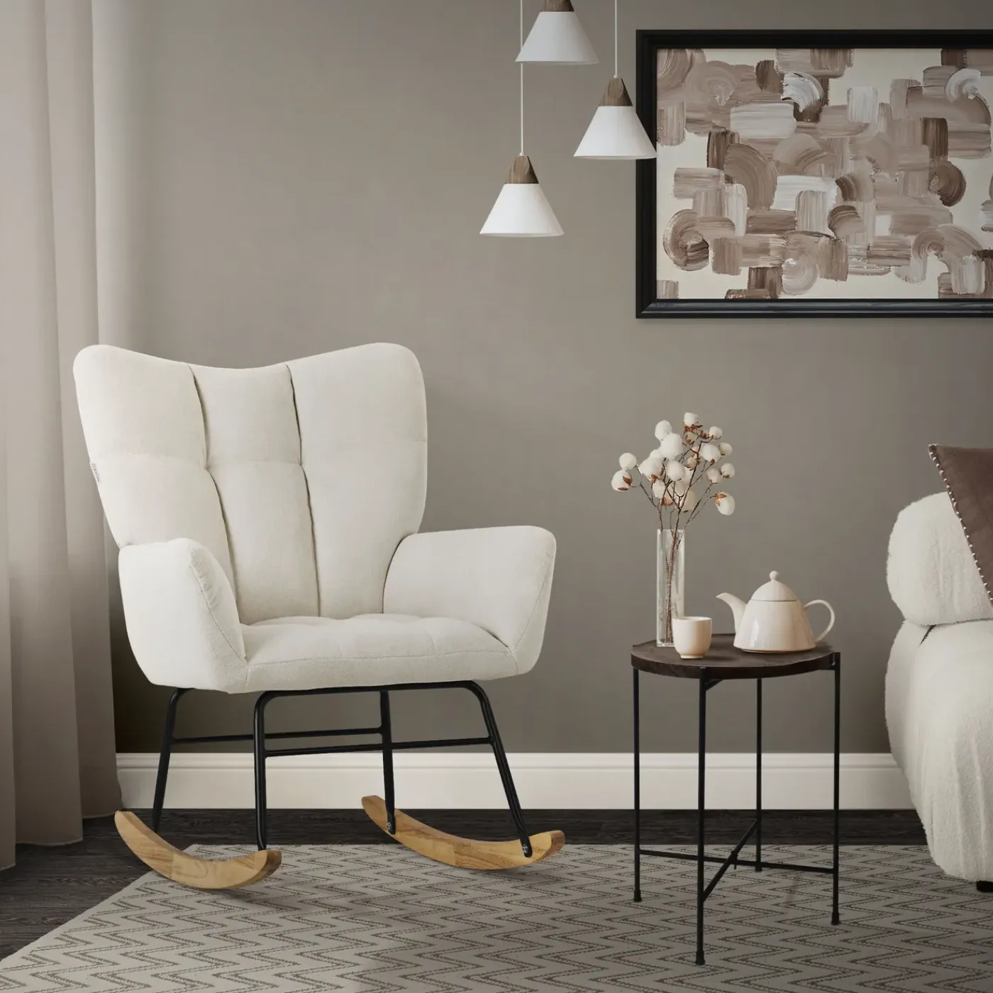 ML-Design beige schommelstoel, met badstof bekleding, stalen frame, houten poten