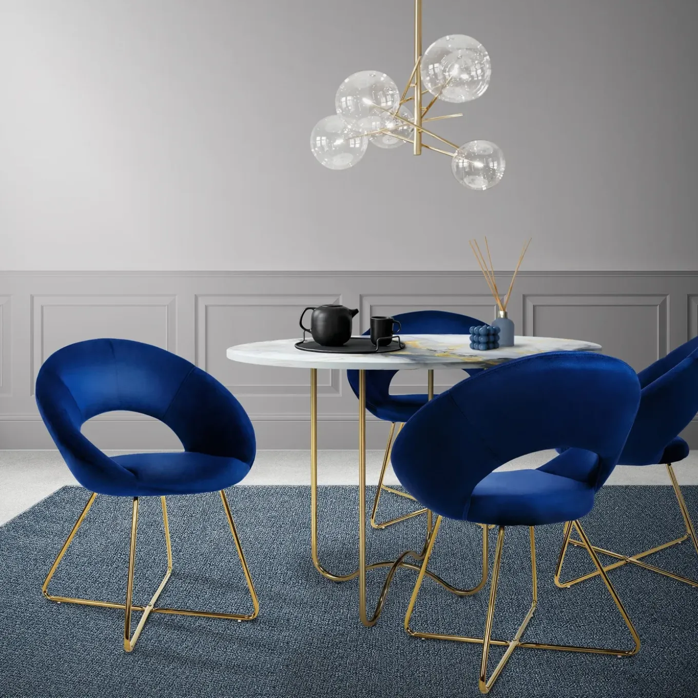 ML-Design fluwelen eetkamerstoel, blauw met ronde rugleuning
