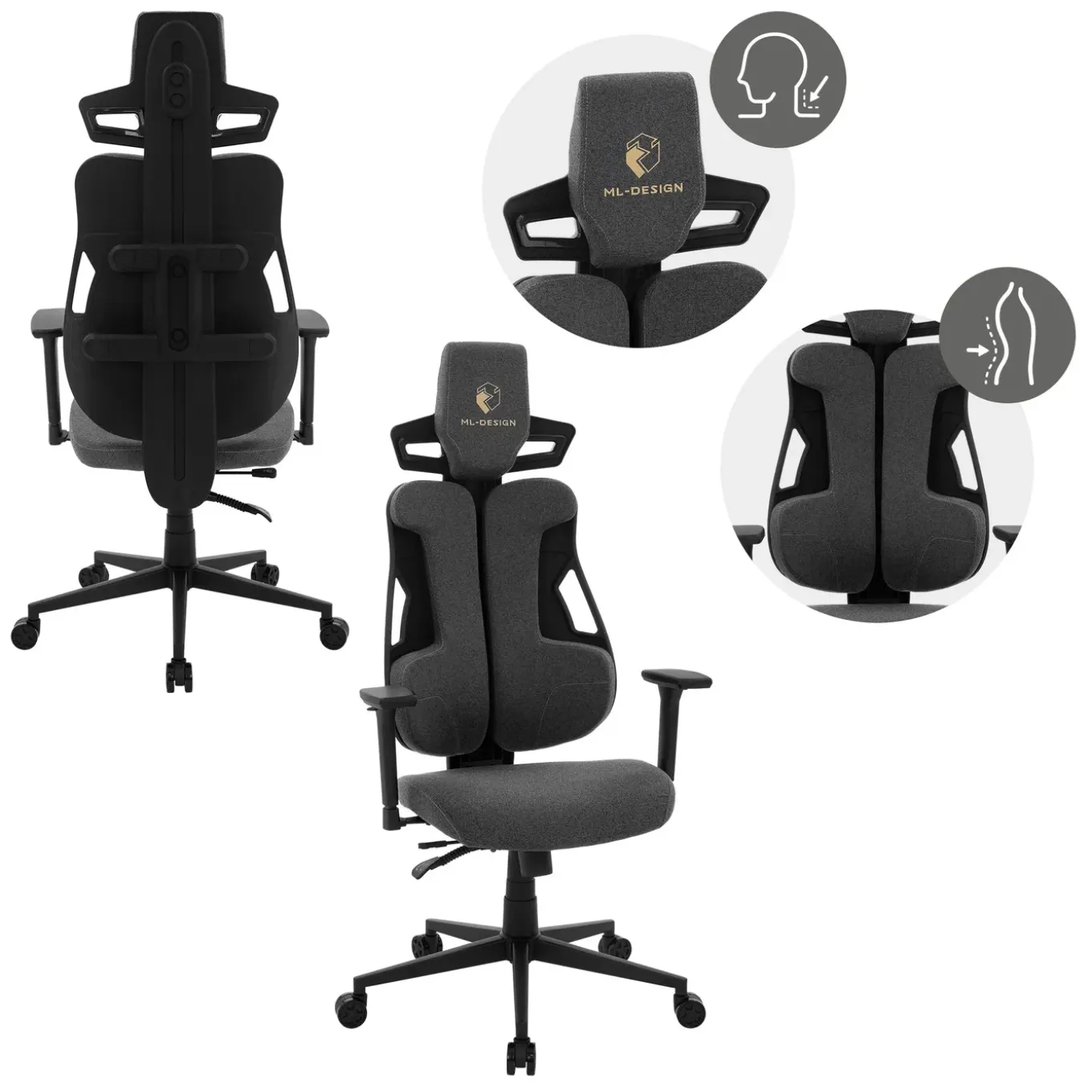 Ml-design Gamingstoel Ergonomische Stof Grijs Met 3d Armleuningen Hoofdsteun Lendensteun