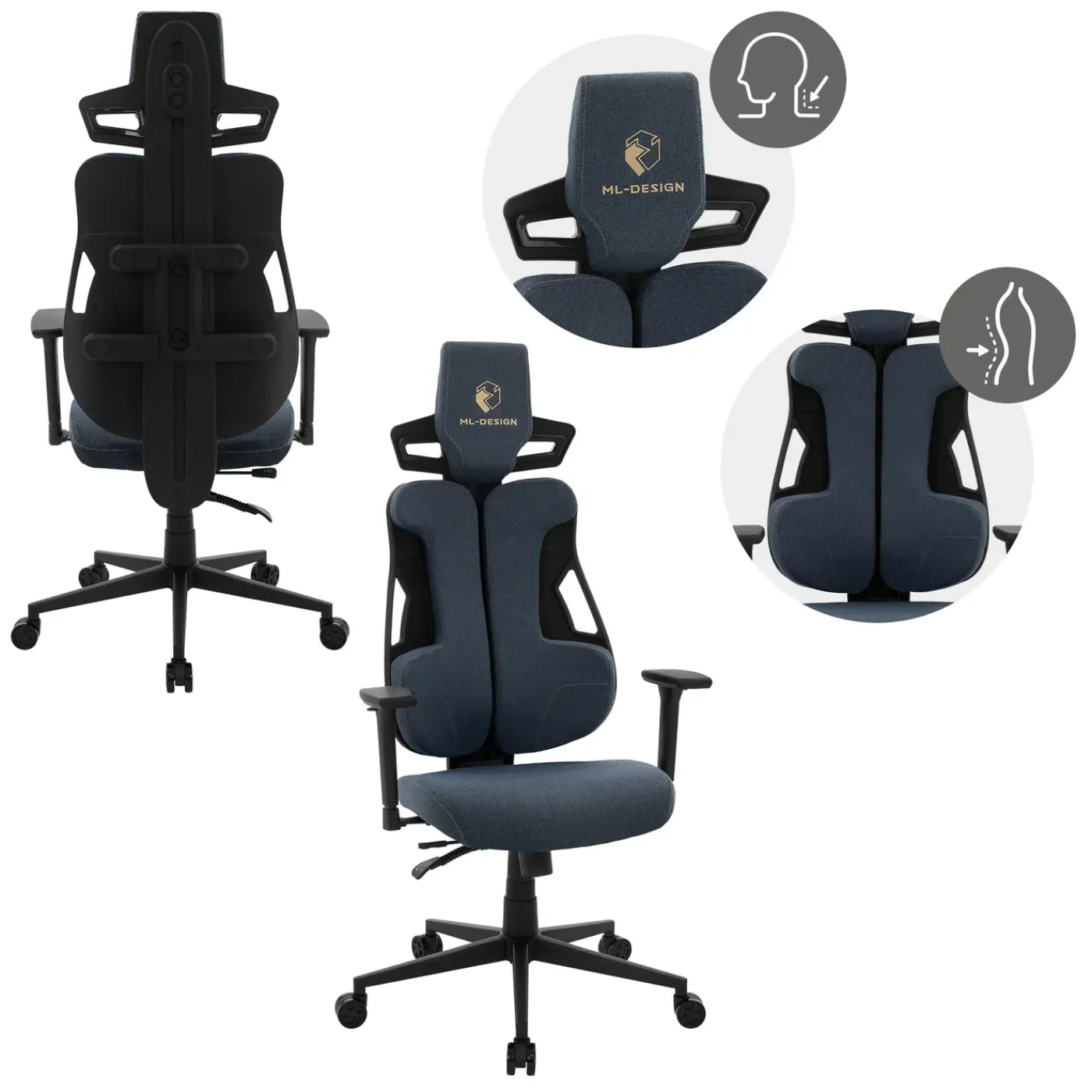 ML-Design Gamingstoel Ergonomische Stof Blauw Met 3d Armleuningen Hoofdsteun Lendensteun