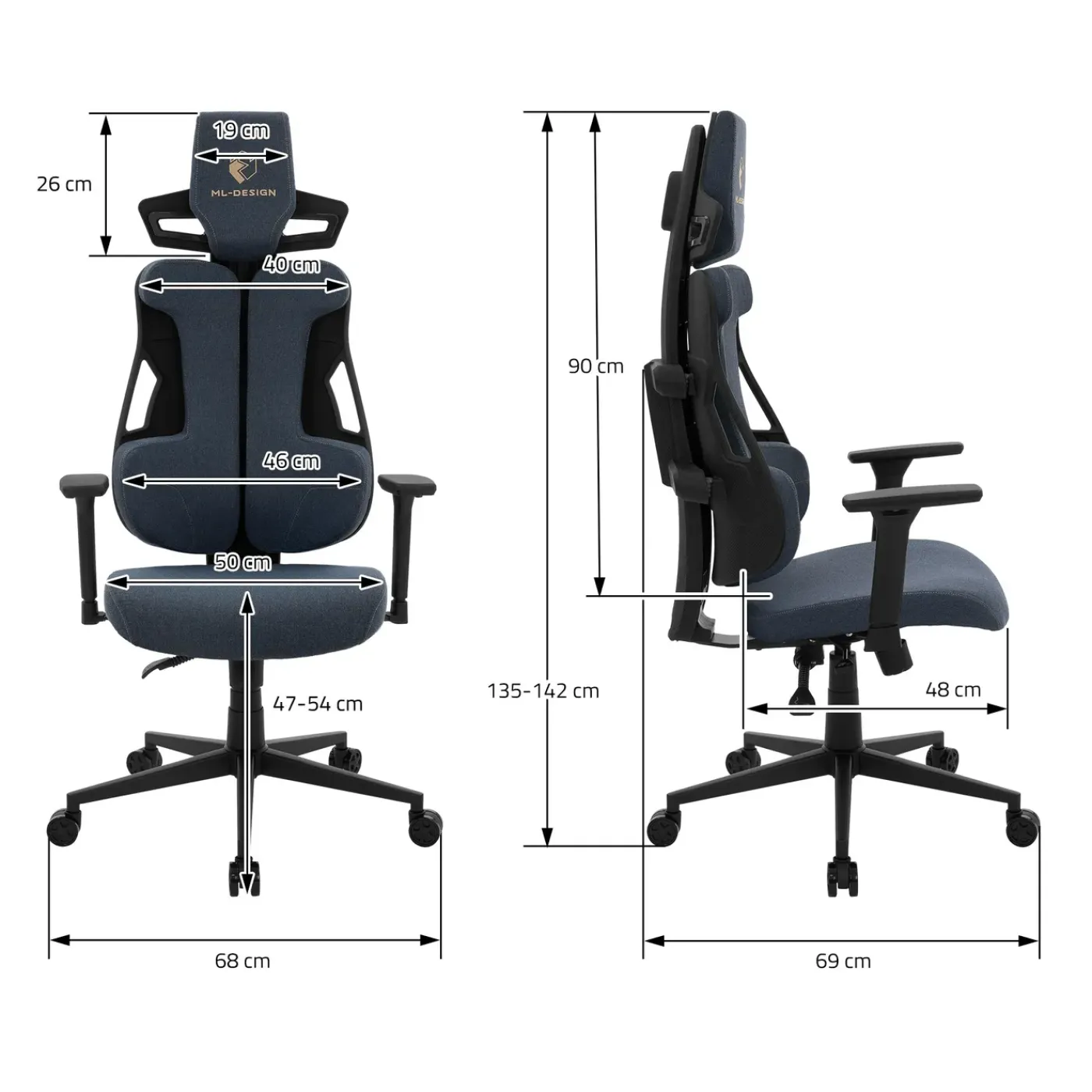 ML-Design Gamingstoel Ergonomische Stof Blauw Met 3d Armleuningen Hoofdsteun Lendensteun
