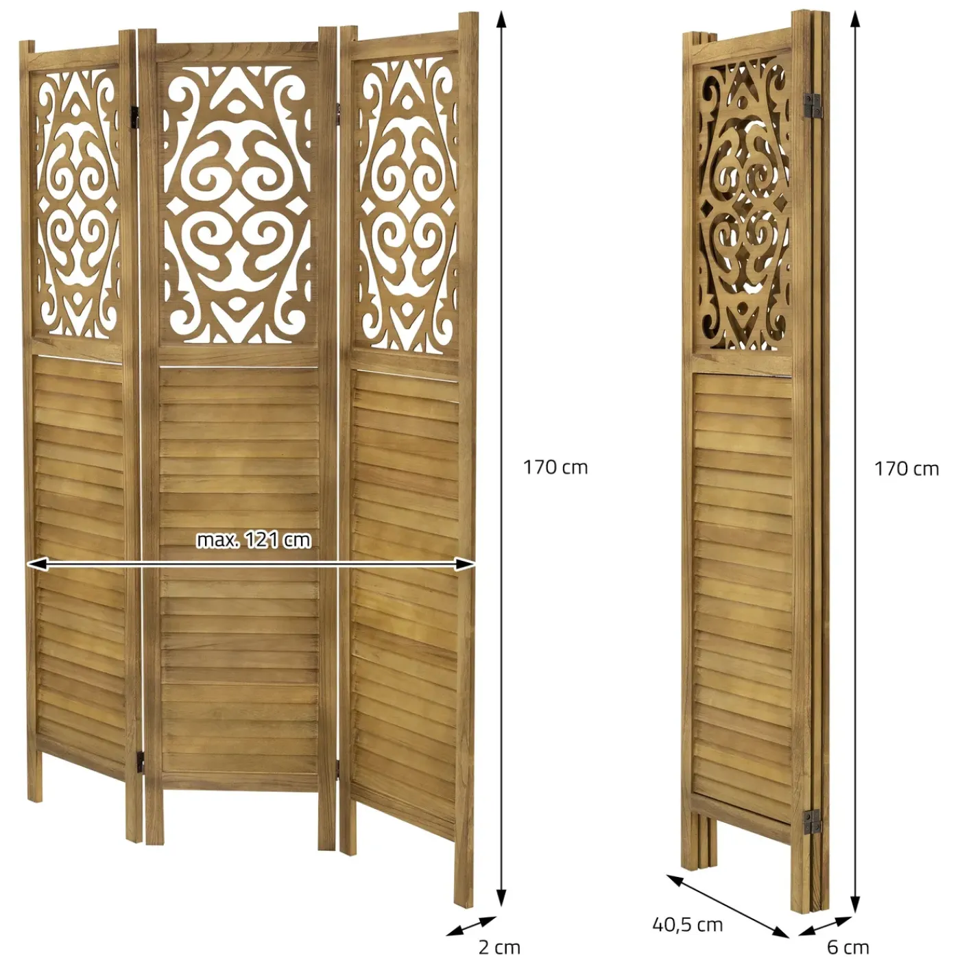ML-Design Kamerscherm Tokio 3-delig 170x121cm Naturel Hout Opvouwbaar Vrijstaand Binnen