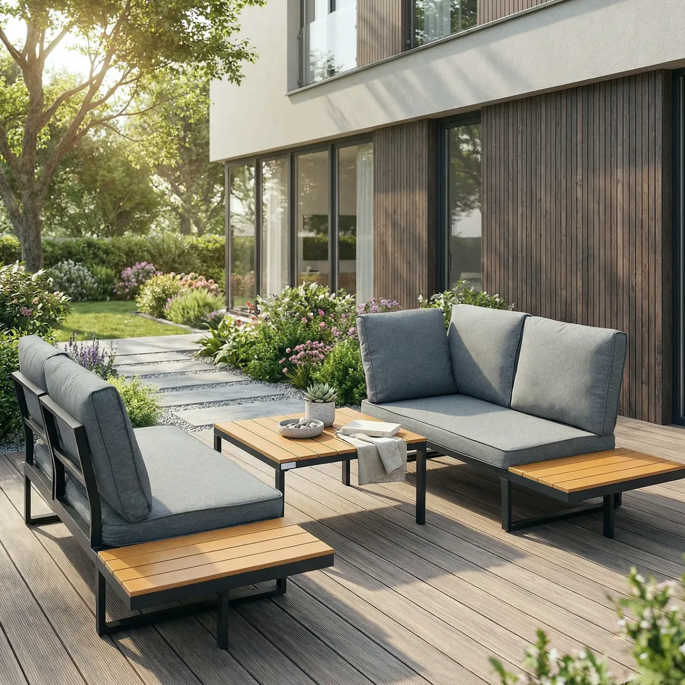 ML-Design - Modulaire hoekbank tuinlounge set 3 - grijs houtlook - aluminium meubelen
