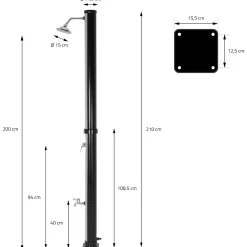 ML-Design Solar Douche 20 L 217cm Rond Met Voetdouche En Regendouchekop, Zilver-zwart, Warm Water
