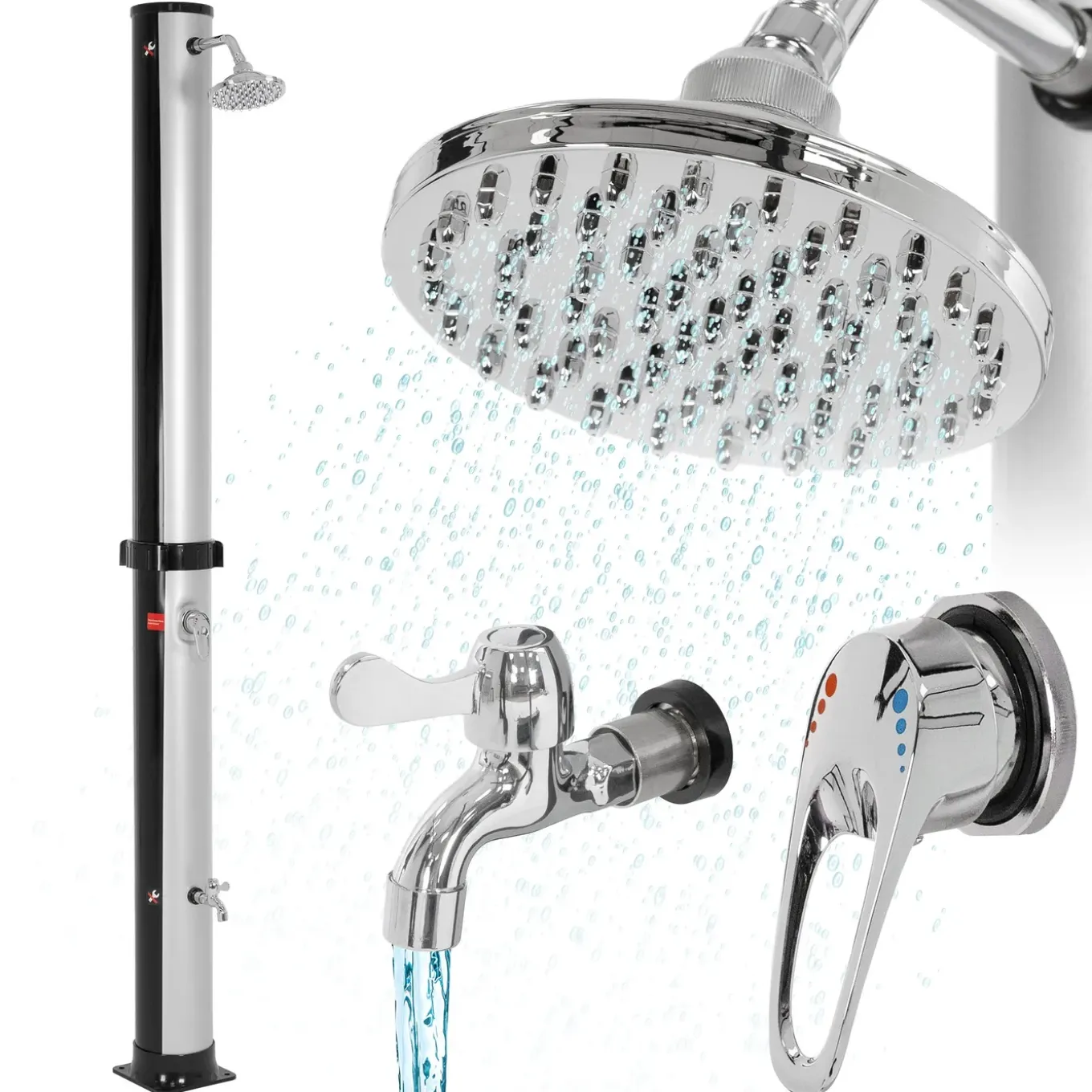 ML-Design Solar Douche 35 L 217cm Rond Met Voetdouche En Regendouchekop, Zilver-zwart