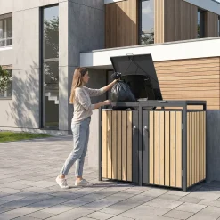 Ml-design Vuilnisbak 240l 132x80x120 Cm Antraciet Lariks Look Staal 2 Ton Weerbestendig
