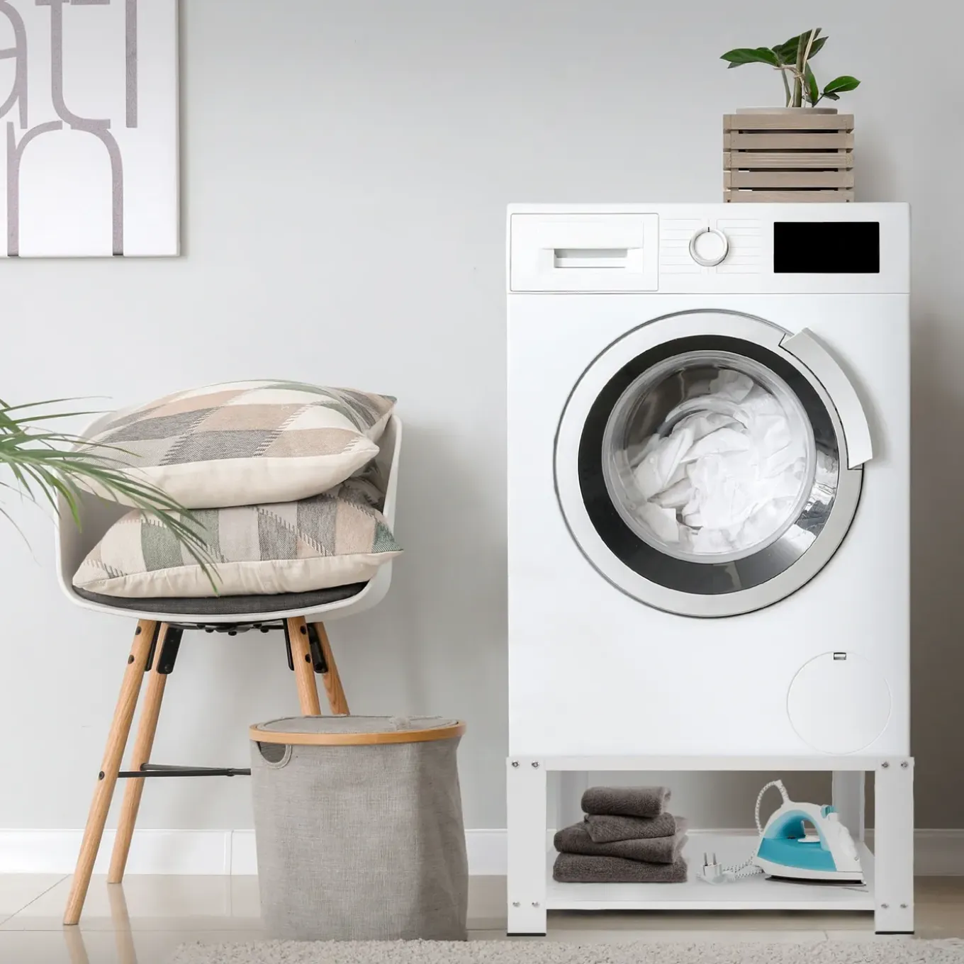 ML-Design wasmachine onderstel wit staal 63x54 cm stevig met plank 32 cm poten tot 150 kg