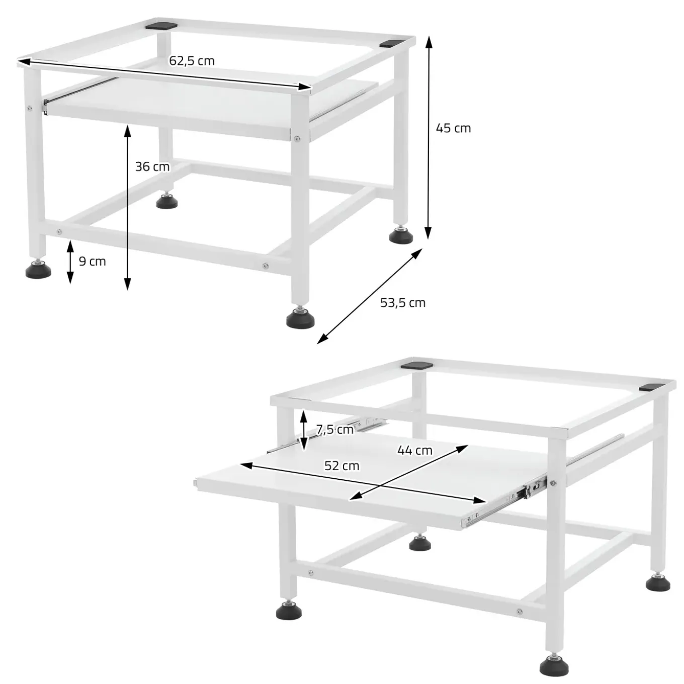 ML-Design wasmachine verhoger uittrekbaar Plateau wit 625x535x450 cm staal verstelbaar