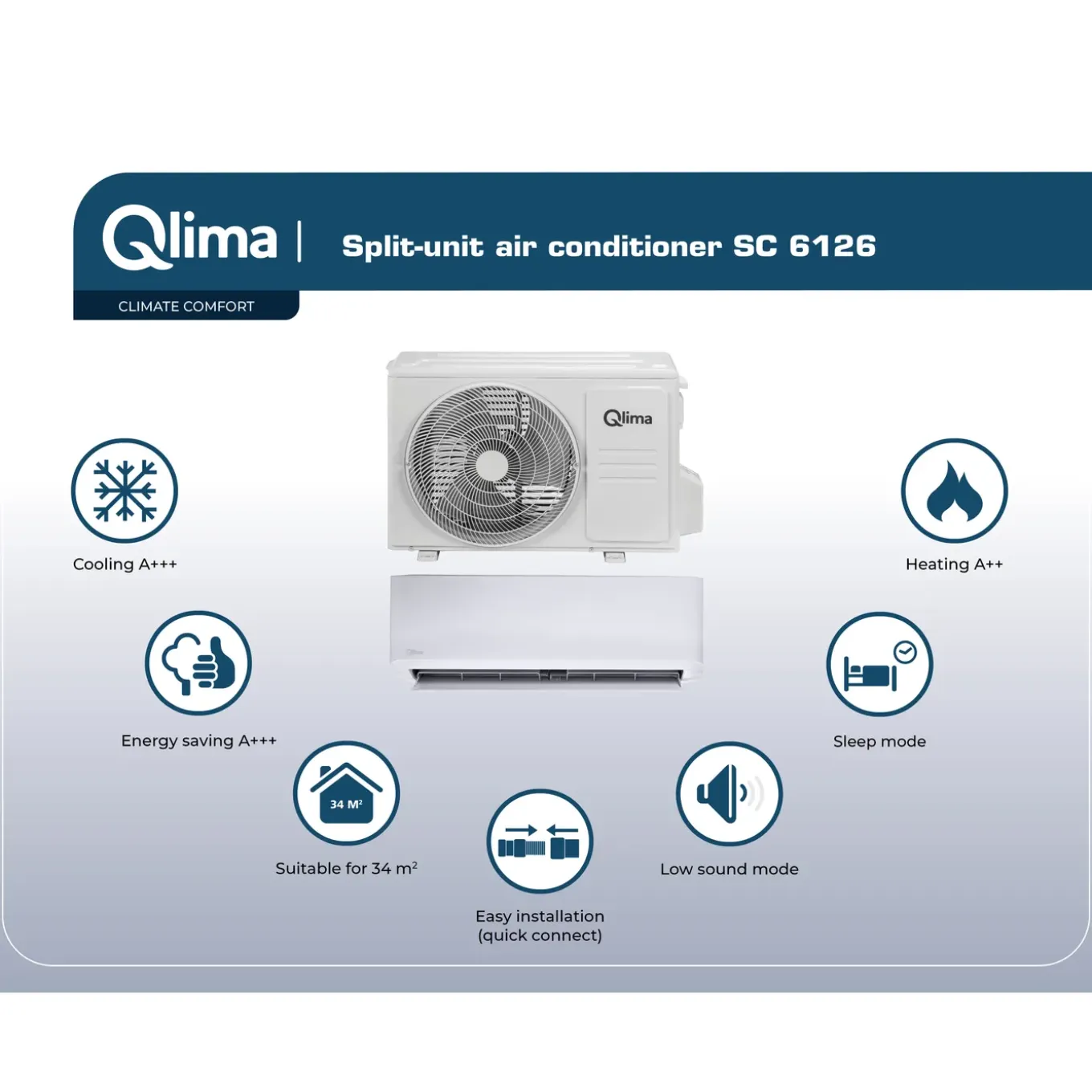 Monosplit airconditioner Qlima SC 6126 - met verwarmingsfunctie - 2.6kW - 8900 BTU