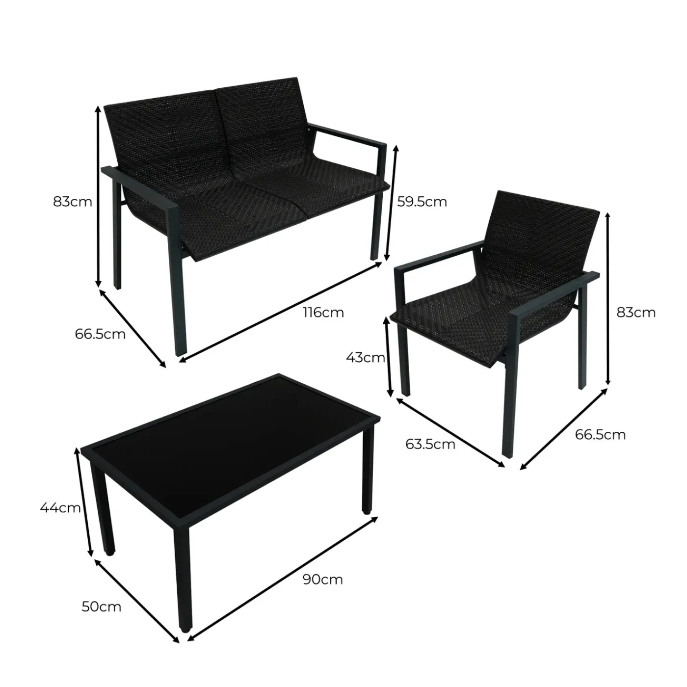 Monster Shop Monstershop Balkon Loungeset - 4 Delig - Rotan - Zwart