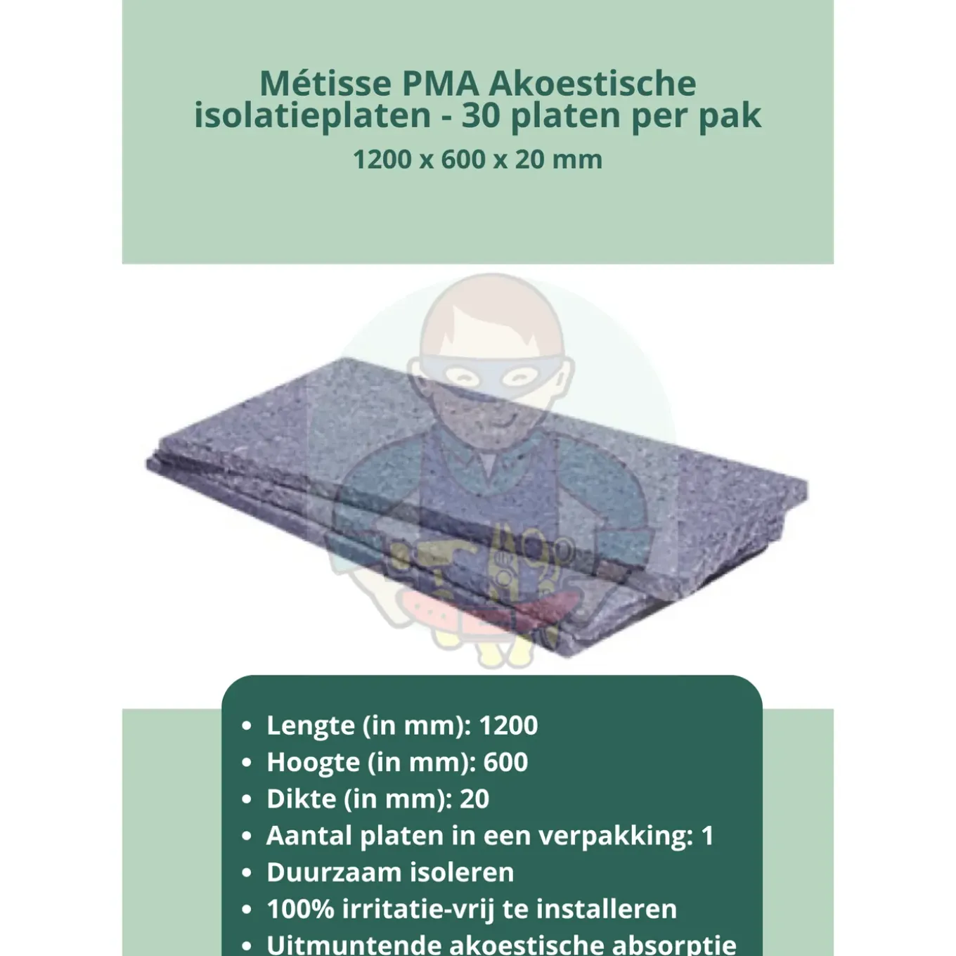 Métisse Pma - Akoestische Isolatieplaat - 1.200 X 600 X 20 Mm - 1 Plaat Per Verpakking - 0,72m2