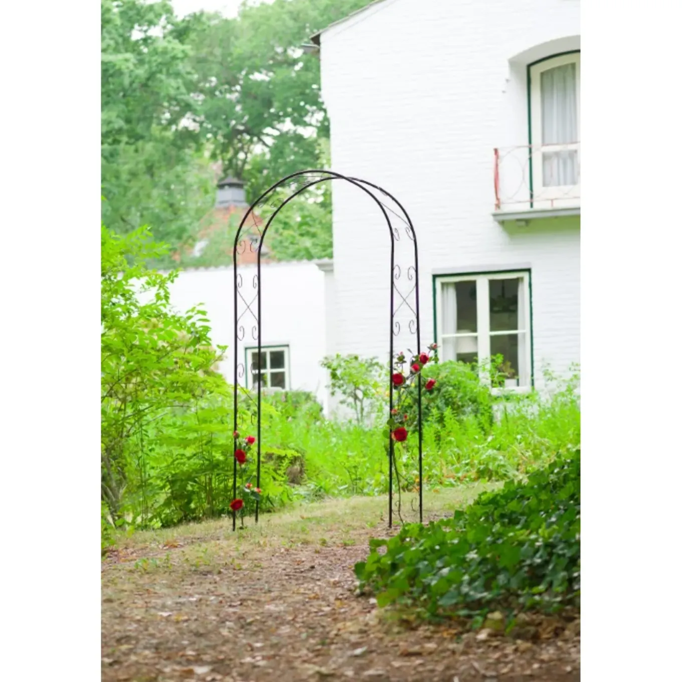 Nature boogvormige rozenboog met decoratieve krullen van verzinkt staal met zwarte epoxycoating - H230 x 100 x 37 cm