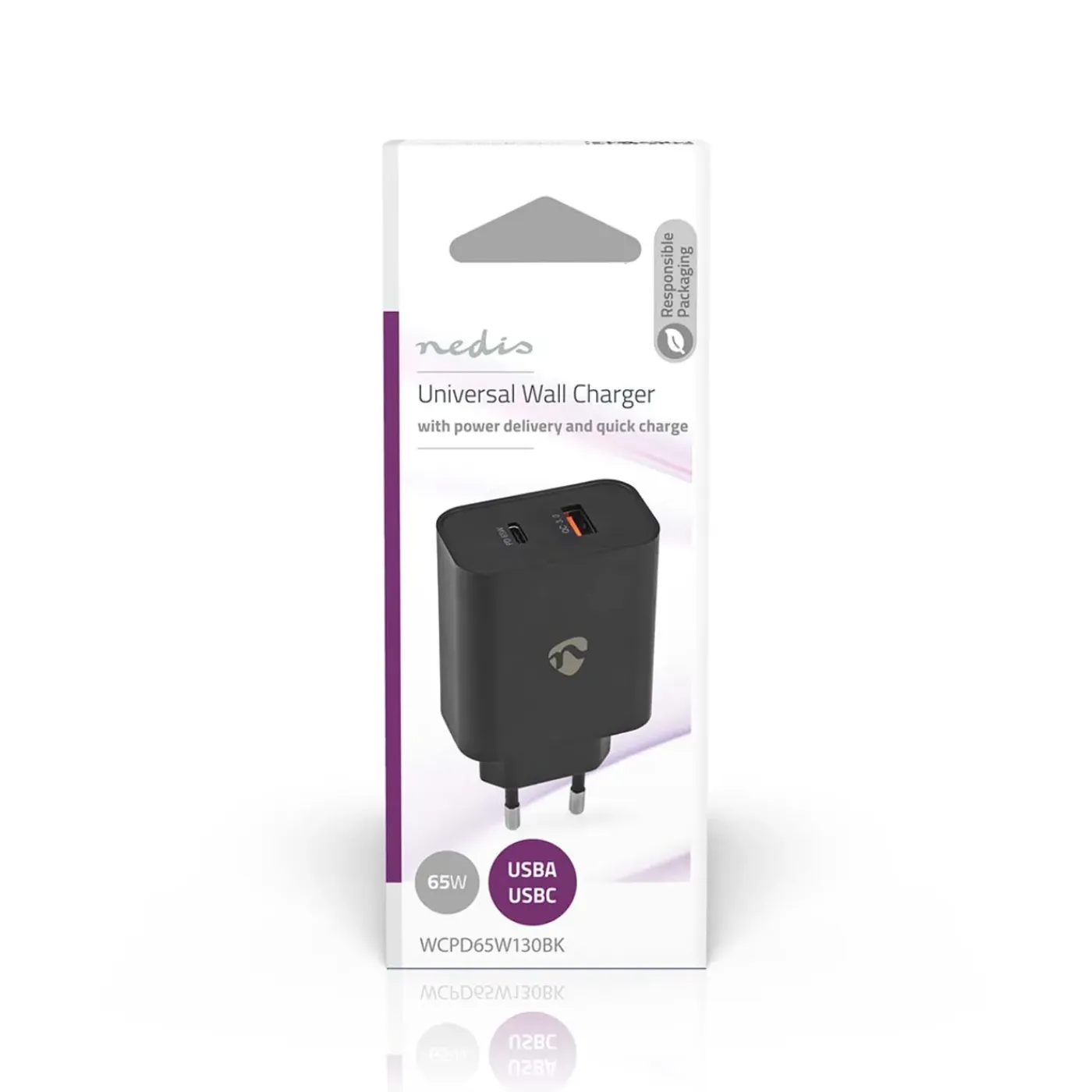 Nedis Oplader - PD (Power Delivery) naar QC3.0 (Quick Charge) - 65W - Zwart