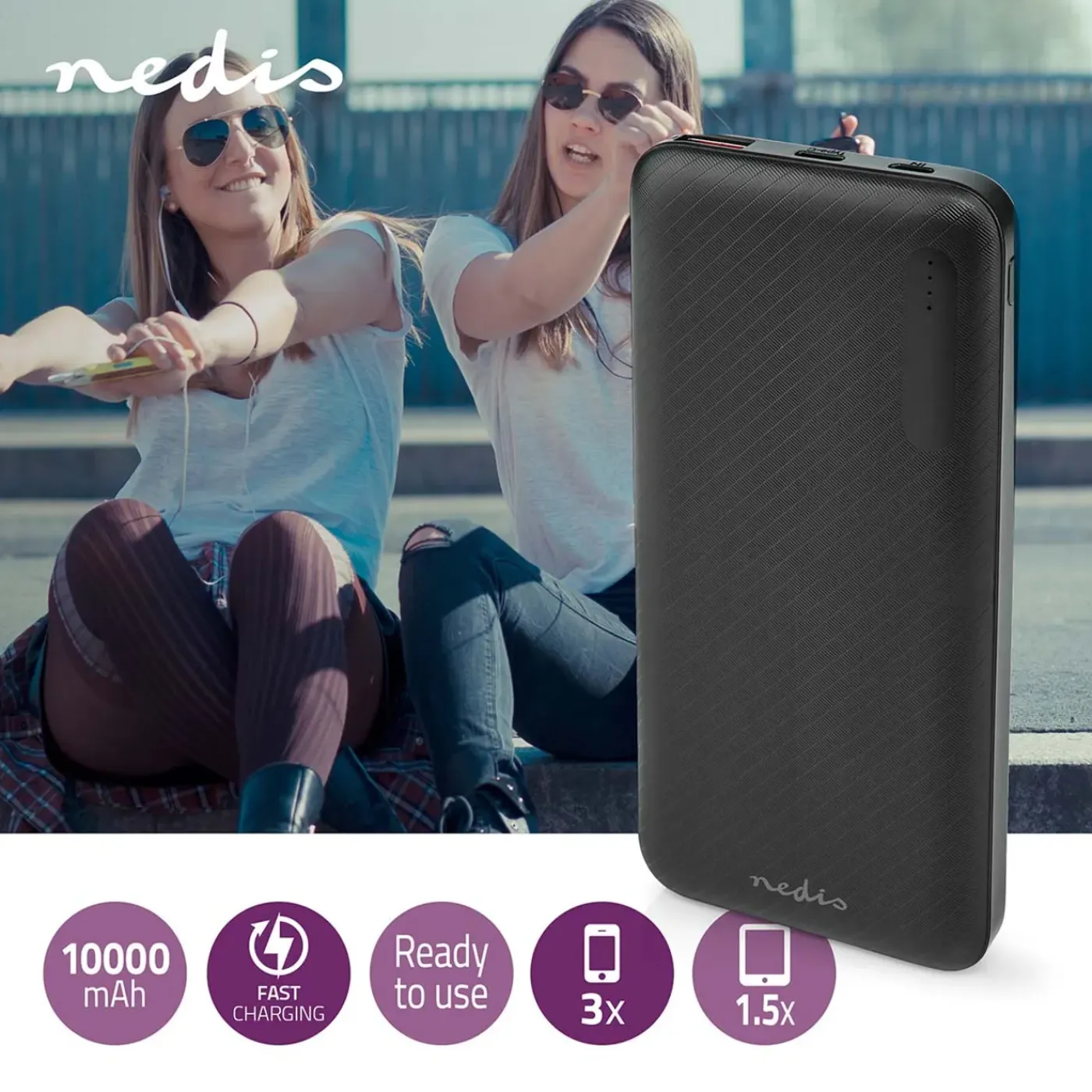 Nedis powerbank Fresh Green Charge 1000 mAh - 1,5 / 2 / 3 A zwart