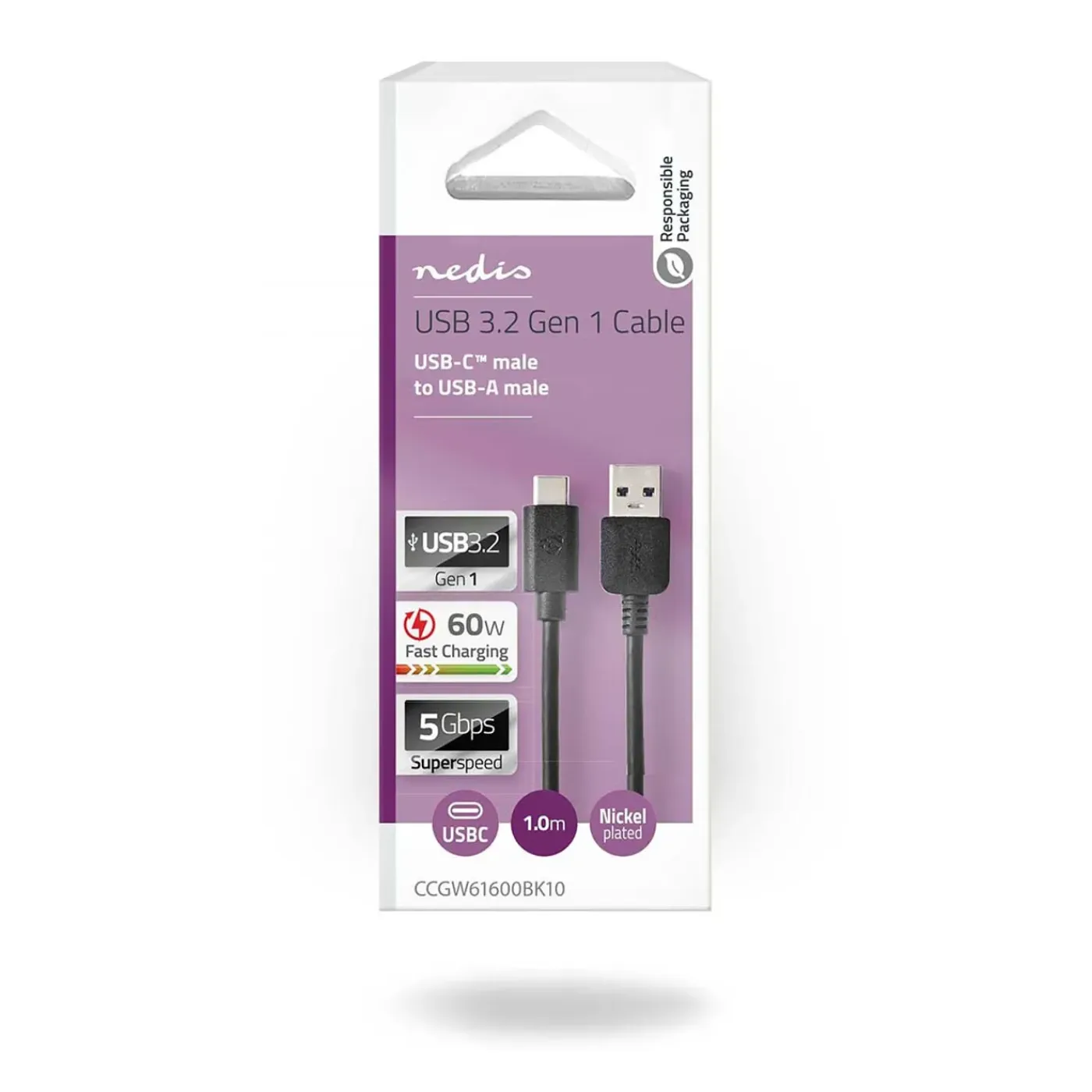 Nedis USB-Kabel - USB-C naar USB-A mannelijk - 1m - Zwart