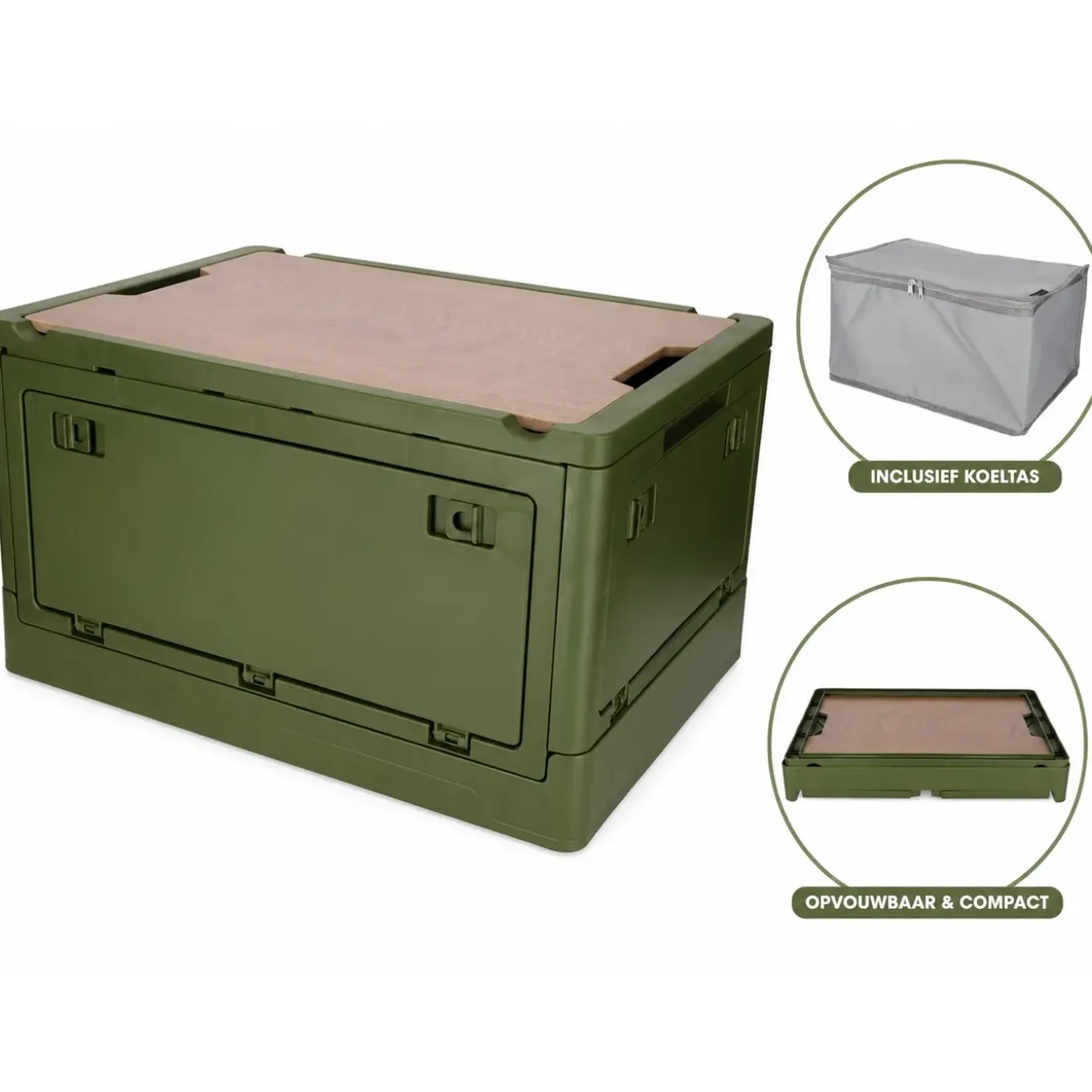 Norländer Opvouwbare Opbergkrat Met Houten Deksel En Koeltas 43,7 X 30,7 X - 25cm - Groen