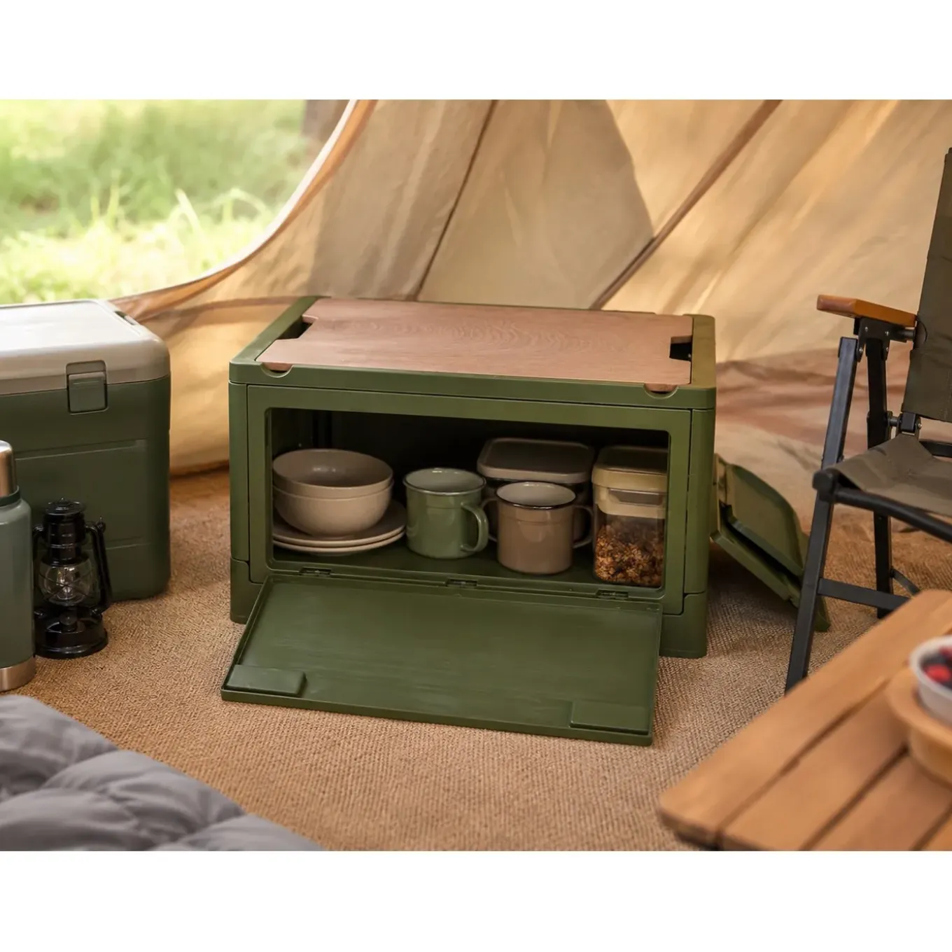 Norländer Opvouwbare Opbergkrat Met Houten Deksel En Koeltas 43,7 X 30,7 X - 25cm - Groen