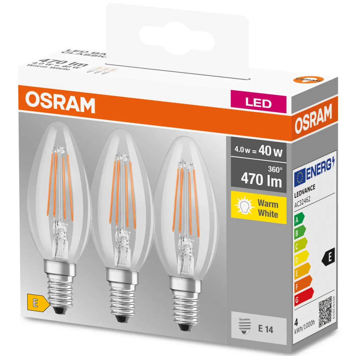 Osram Ledfilamentlamp Kaars - D3,5cm - Warm Wit - E14 - 4W - 3 stuks
