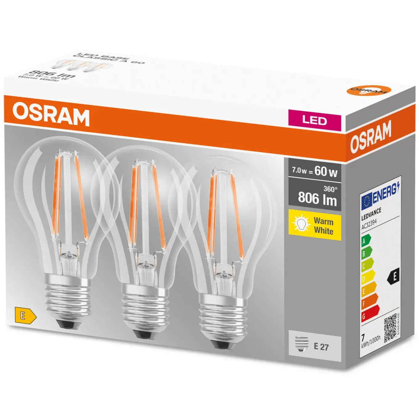 Osram Ledfilamentlamp Peertje Led Base - D6cm - Warm Wit - E27 - 6,5W - 3 stuks